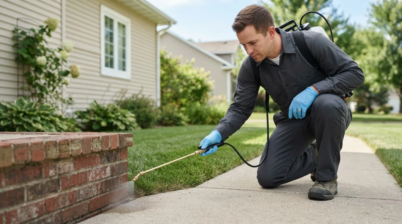Pest control technician treating a home near Dunn Center, ND