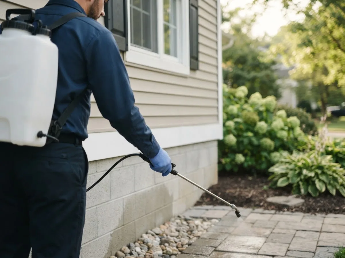 Pest control technician inspecting a home in Dunn Center, ND